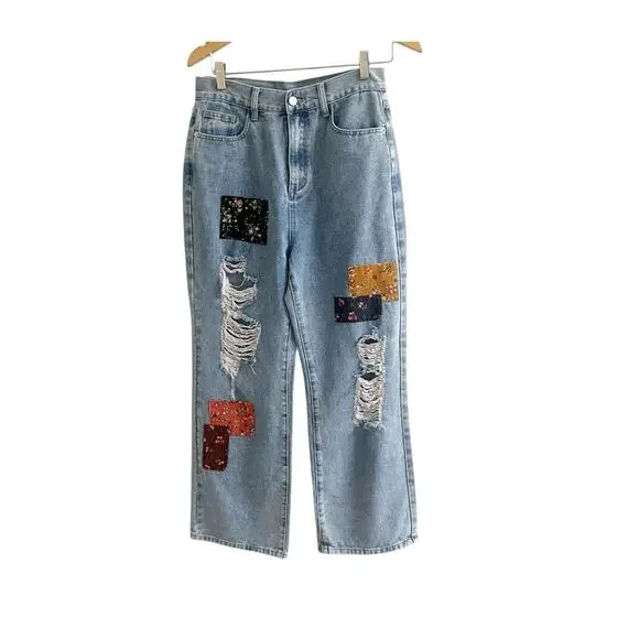 Cider Patchwork Distressed Straight Leg Jeans Size Medium High Rise Wide Leg - Picture 1 of 10